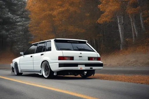 Prompt: white 1988 toyota corolla station wagon with a super wide body kit and lowered suspension completely to the ground. machined aluminum silver wheels. big rally style wing on the back door. Snowy road with autumn trees.