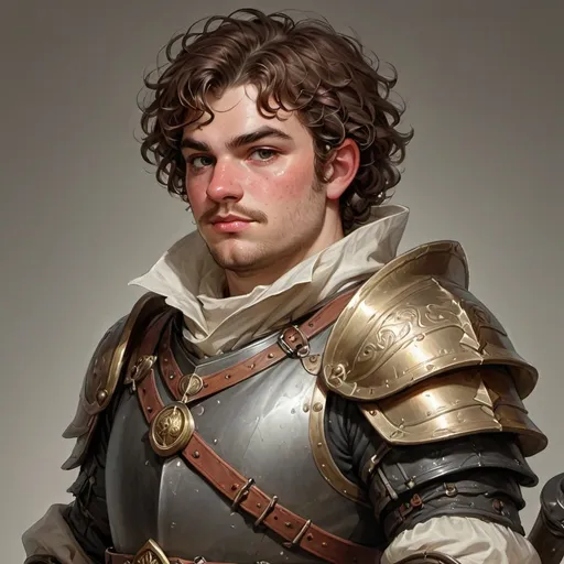 Prompt: young male  D&D paladin with fat round face dark curly hair thin faint mustache round rosy cheeks and freckles
