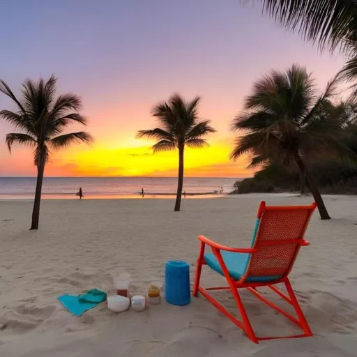 Prompt: Sunset on beach with coloured chair, palm trees, coconut, towel 