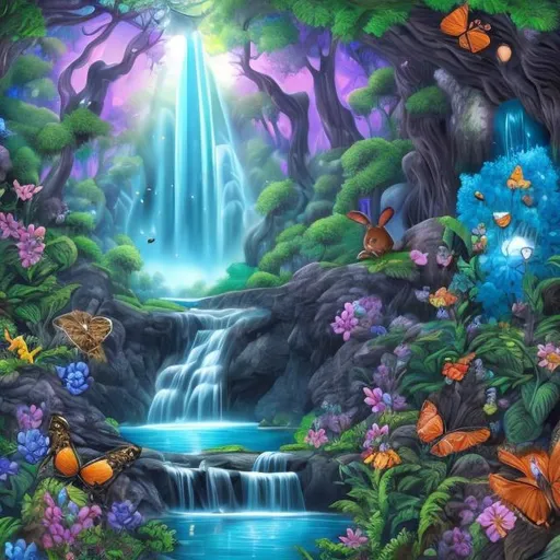 Prompt: Deep Forest with waterfall, rock's, butterfly and rabbit 
