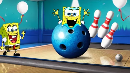 Prompt: Spongebob bowling birthday party with characters from the show spongebob squarepants