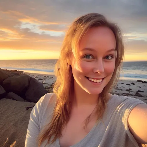 Prompt: Create a lifelike image of <mymodel> on a tranquil beach at sunset, wearing casual summer clothes and worn-out sneakers, with the warm, golden light of the sun setting over the ocean, illuminating their face to highlight an intense gaze and a radiant smile