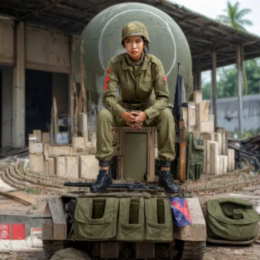 Prompt: (realistic skin texture of beautiful Malaysian military woman) detailed, debris, rifle weapon,  Abandonment, dirty uniform, background damage, no lighting, clear view, good image,