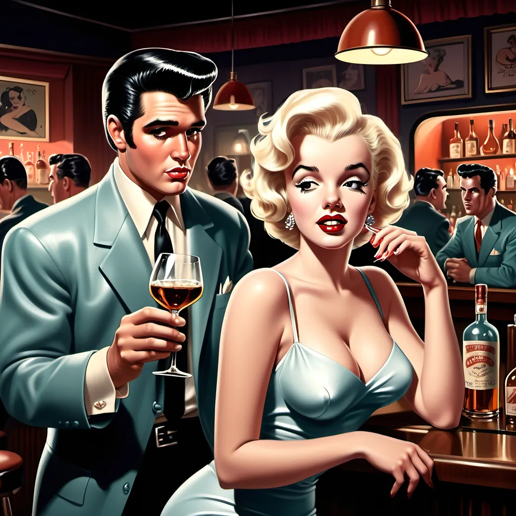 Prompt: dim, night film noir cartoon, girl looking like marilyn monroe and one man looking like elvis sitting at the bar and drinking cognac, 1950s, background in a bar full of people, there is also a bartender giving out drinks, art pulp style