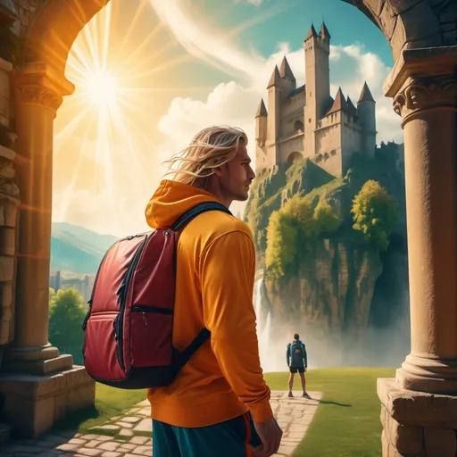 Prompt: (fantasy scene) a man with long light hair in sportswear, a stylish sports bag, (mystical atmosphere) standing against an ancient castle backdrop, (vibrant colors) cascading sunlight illuminating the scene, added elements of magic in the air, (high detail) enchanting details, rich textures, (4K) creating a captivating and adventurous mood, (epic composition).