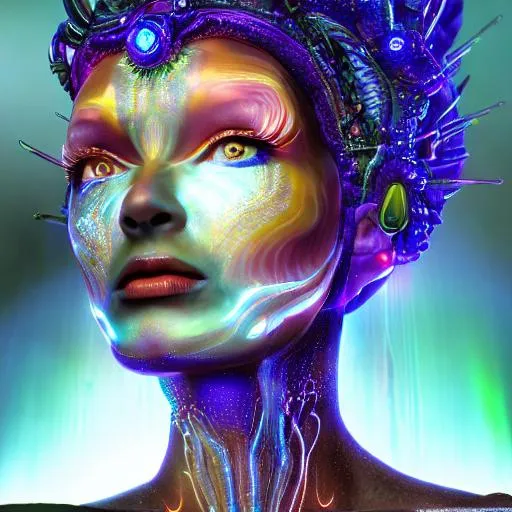 Prompt: hyperrealistic highly detailed underworld tech goddess with fibrous membranes and bioluminescent fractal aura from india, celestial vibe, cosmic resonance, cinematic, alex grey, frank bairstow, artgerm, imax quality, 8 k, trending on artstation, unreal engine 5, high octane,