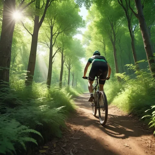 Prompt: (bike riding in the forest), vibrant greens of lush foliage, dappled sunlight filtering through tree branches, adventure spirit, serene atmosphere, dynamic motion captured as a cyclist navigates through nature, dirt path weaving through dense trees, high-quality 4K, ultra-detailed, sense of freedom and exploration in the wild.