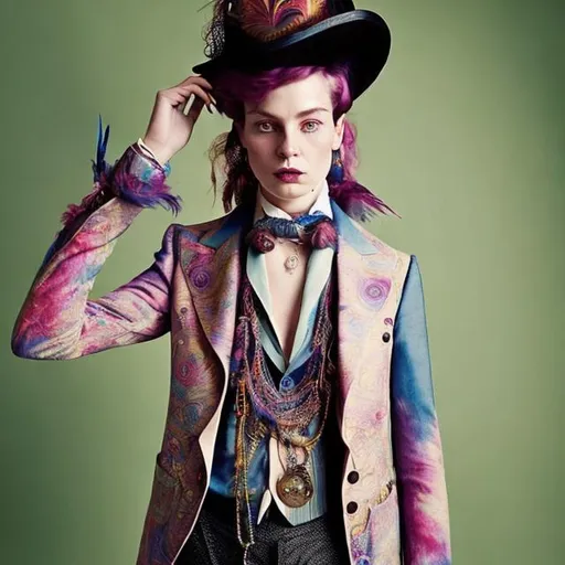 Prompt: Depict a portrait of a person whose attire blends Victorian and 1970s fashion. show the whole body. show  a tailored Victorian suit combined with a 70s tie-dye shirt, accessorized with platform shoes and a top hat adorned with boho-style feathers and beads.