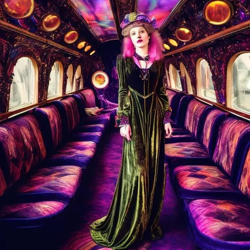 Prompt: Envision a Victorian-era outfit redesigned in a 1970s disco style. The dress is velvet with psychedelic patterns, disco balls laying behind the model, and passengers are dressed in a mix of Victorian and 70s attire