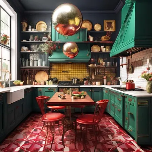 Prompt: Create an image of a Victorian kitchen where the color palette remains true to the era, featuring deep reds, greens, and golds. However, incorporate 70s disco flair, a disco ball centerpiece, and wall art featuring vibrant 70s geometric patterns and victorian themes
