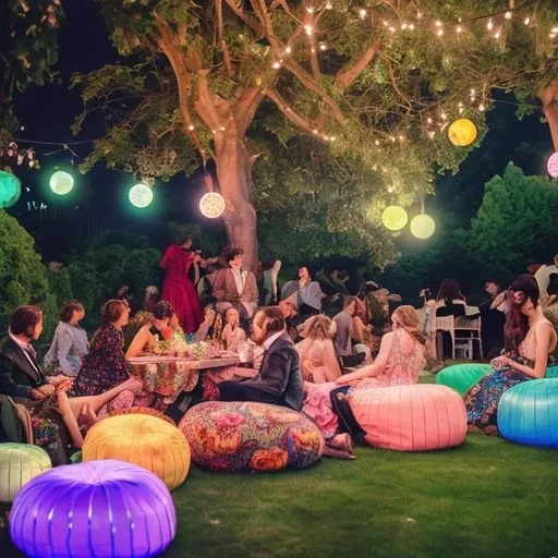 Prompt: Visualize a traditional Victorian garden party, but with 1970s bohemian elements. Guests in Victorian dresses and suits are lounging on 70s-style beanbags, with a background of disco balls hanging from the trees and a psychedelic light show