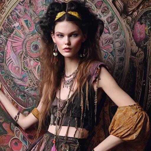 Prompt: Depict a fashion model dressed in a fusion of Victorian and 1970s styles. Imagine a Victorian gown with 1970s boho patterns, accessorized with disco-era jewelry and a bohemian headband, set against a backdrop that blends a Victorian parlor with a 70s discotheque.