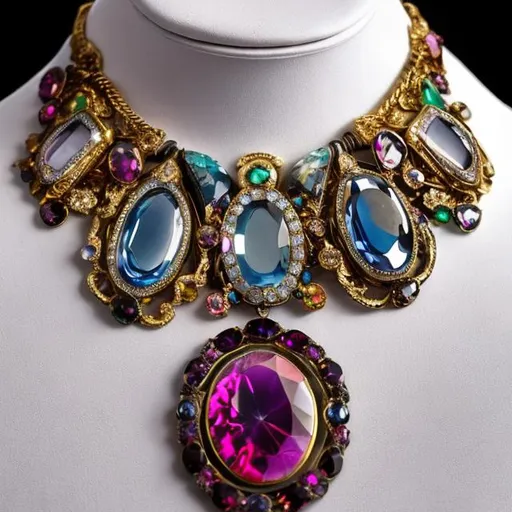 Prompt: Design a piece of jewelry that combines Victorian and 1970s aesthetics. Imagine a Victorian cameo necklace with a twist, incorporating vibrant 70s gemstones and disco-ball elements.