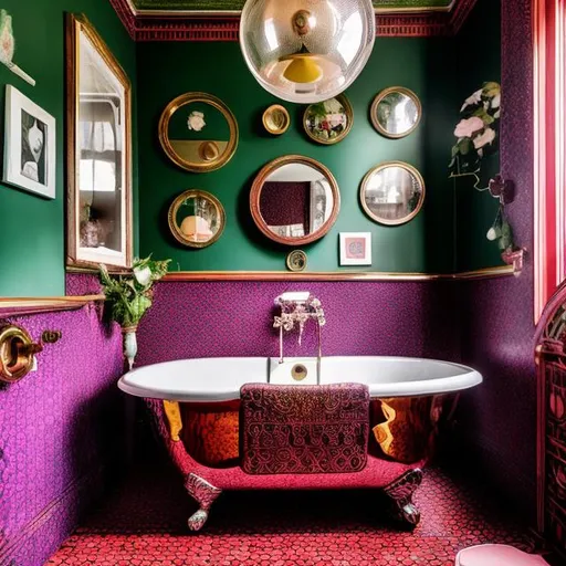 Prompt: Create an image of a Victorian bathroom where the color palette remains true to the era, featuring deep reds, greens, and golds. However, incorporate 70s disco flair with patterned throw pillows, a disco ball centerpiece, and wall art featuring vibrant 70s geometric patterns
