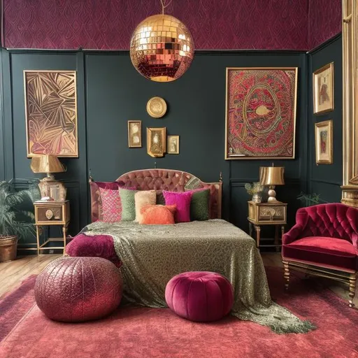Prompt: Create an image of a Victorian bedroom where the color palette remains true to the era, featuring deep reds, greens, and golds. However, incorporate 70s disco flair with patterned throw pillows, a disco ball centerpiece, and wall art featuring vibrant 70s geometric patterns
