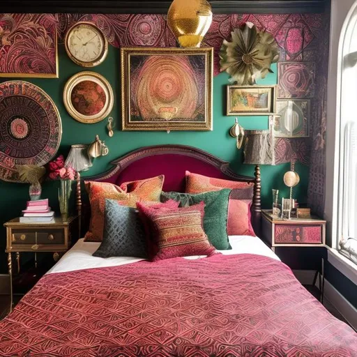 Prompt: Create an image of a Victorian bedroom where the color palette remains true to the era, featuring deep reds, greens, and golds. However, incorporate 70s disco flair with patterned throw pillows, a disco ball centerpiece, and wall art featuring vibrant 70s geometric patterns
