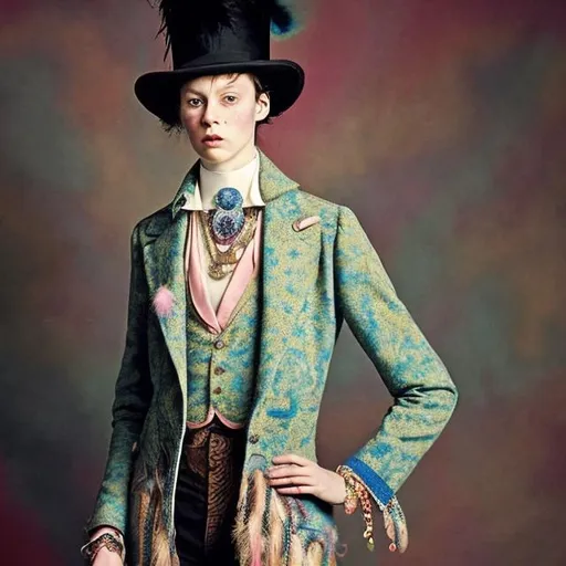 Prompt: Depict a portrait of a person whose attire blends Victorian and 1970s fashion. Think of a tailored Victorian suit combined with a 70s tie-dye shirt, accessorized with platform shoes and a top hat adorned with boho-style feathers and beads.