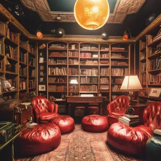 Prompt: Illustrate a Victorian-era study room that's been transformed into a 1970s  haven. Include Victorian walls and bookshelves and a desk, but with 70s-style bean bag chairs, lava lamps, and a disco ball hanging from the ceiling