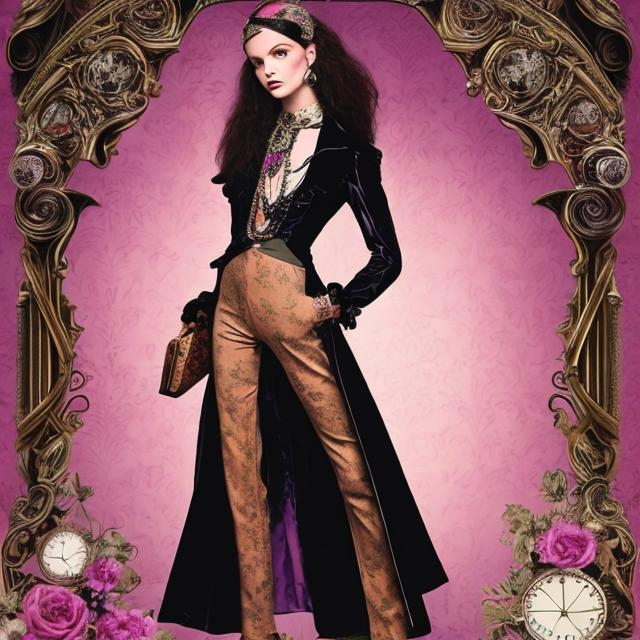 Prompt: Depict a full body fashion model dressed in a fusion of Victorian and 1970s styles. Imagine a Victorian gown with 1970s patterns, accessorized with disco-era jewelry and a bohemian headband with victorian hair, set against a backdrop that blends a Victorian parlor with a 70s discotheque.