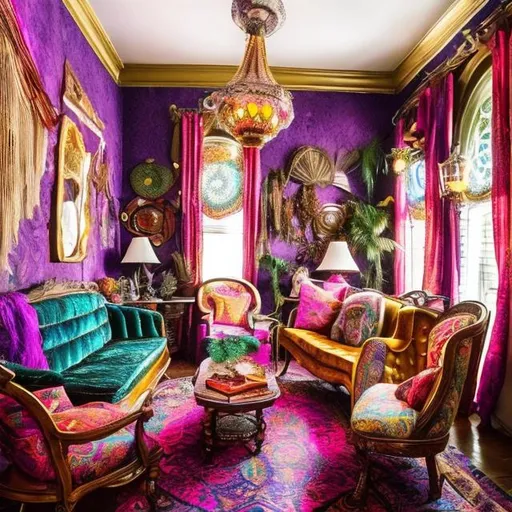 Prompt: Create an image of a Victorian-era living room with a 1970s bohemian twist. Include ornate Victorian furniture, but with bold, psychedelic patterns typical of the 1970s. Add disco-era memorabilia and colorful boho textiles draped over classic Victorian decor.