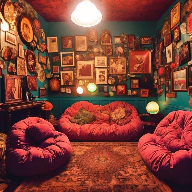 Prompt: Design an image of a Victorian parlor that's been set up for a 1970s-style party. Victorian sofas and armchairs are mixed with floor cushions and bean bags, and the room is lit with both oil lamps and colorful disco lights. give it a 1970s twist