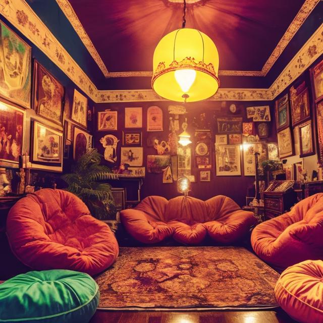 Prompt: Design an image of a beautiful Victorian parlor that's been set up for a 1970s-style party. Victorian sofas and armchairs are mixed with floor cushions and bean bags, and the room is lit with both oil lamps and colorful disco lights. give it a 1970s twist