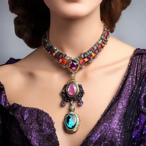 Prompt: Design a piece of jewelry that combines Victorian and 1970s aesthetics. Imagine a Victorian cameo necklace with a twist, incorporating vibrant 70s gemstones and disco-ball elements. place it on a modern victorian model