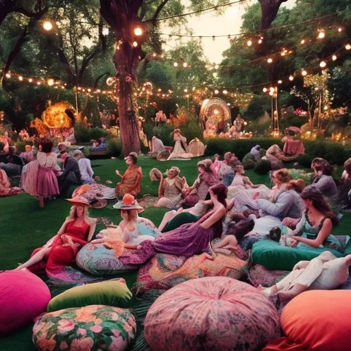 Prompt: Visualize a traditional Victorian garden party, but with 1970s bohemian elements. Guests in Victorian dresses and suits are lounging on 70s-style beanbags, with a background of disco balls hanging from the trees and a psychedelic light show