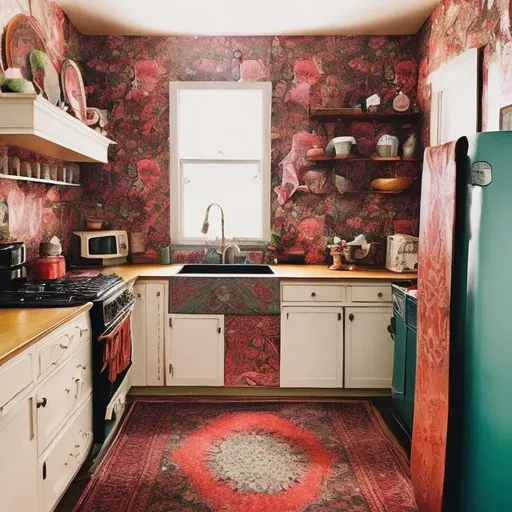 Prompt: "Illustrate a Victorian-era kitchen with a 1970s boho makeover. Include intricate Victorian cabinetry and a classic stove, but with 70s-style colorful, patterned wallpaper, and retro appliances like a fondue set and a lava lamp.