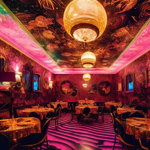 Prompt: Imagine a Victorian ballroom with a 1970s disco twist. The room is adorned with classic Victorian chandeliers and ornate wallpaper, but the floor is a light-up disco dance floor, and the walls are decorated with psychedelic 70s art