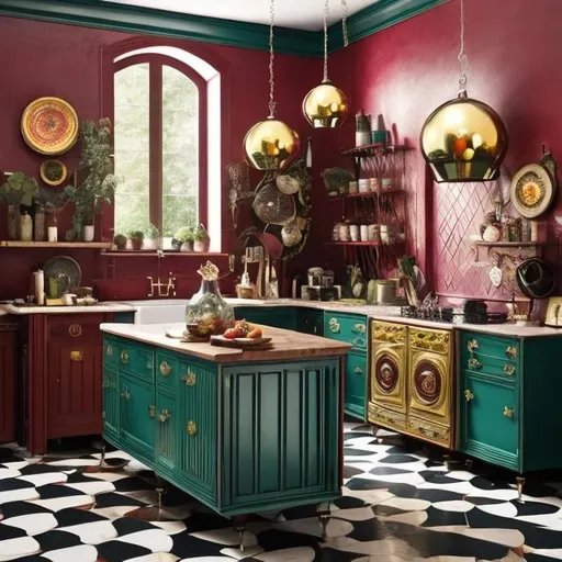 Prompt: Create an image of a Victorian kitchen where the color palette remains true to the era, featuring deep reds, greens, and golds. However, incorporate 70s disco flair, a disco ball centerpiece, and wall art featuring vibrant 70s geometric patterns and victorian themes
