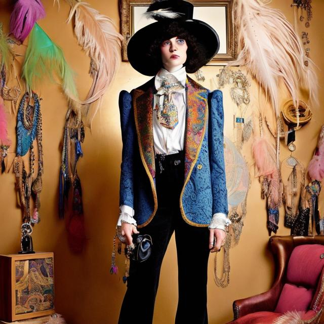 Prompt: Depict a portrait of a person whose attire blends Victorian and 1970s fashion. show the whole body. show  a tailored Victorian suit combined with a 70s tie-dye shirt, accessorized with platform shoes and a top hat adorned with boho-style feathers and beads.