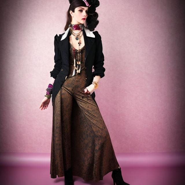 Prompt: a fashion full body fashion model dressed in a fusion of Victorian and 1970s styles. Imagine a Victorian gown with 1970s patterns, accessorized with victorian and disco-era jewelry and a bohemian headband with victorian hair, set against a Victorian parlor with a 70s discotheque.