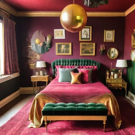 Prompt: Create an image of a Victorian bedroom where the color palette remains true to the era, featuring deep reds, greens, and golds. However, incorporate 70s disco flair with patterned throw pillows, a disco ball centerpiece, and wall art featuring vibrant 70s geometric patterns
