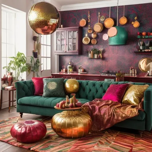 Prompt: Create an image of a Victorian kitchen where the color palette remains true to the era, featuring deep reds, greens, and golds. However, incorporate 70s disco flair with patterned throw pillows, a disco ball centerpiece, and wall art featuring vibrant 70s geometric patterns
