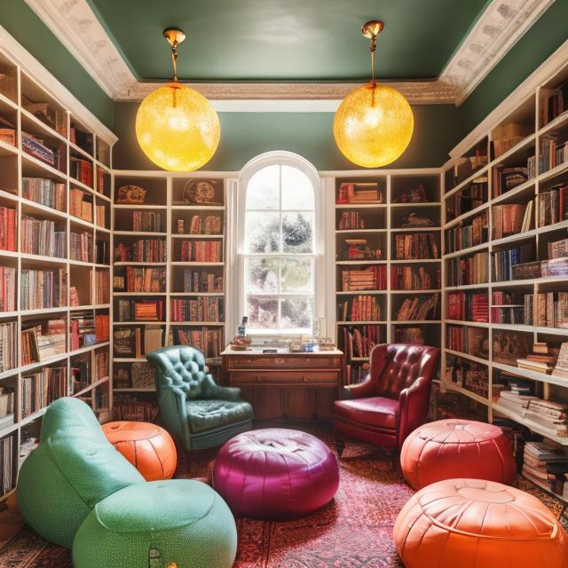 Prompt: Illustrate a Victorian-era study room that's been transformed into a 1970s  haven. Include Victorian walls and bookshelves and a desk, but with 70s-style bean bag chairs, lava lamps, and a disco ball hanging from the ceiling