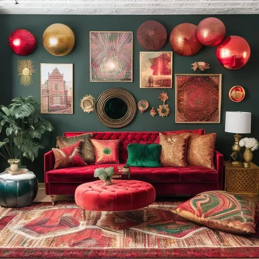 Prompt: Create an image of a Victorian living room where the color palette remains true to the era, featuring deep reds, greens, and golds. However, incorporate 70s disco flair with patterned throw pillows, a disco ball centerpiece, and wall art featuring vibrant 70s geometric patterns
