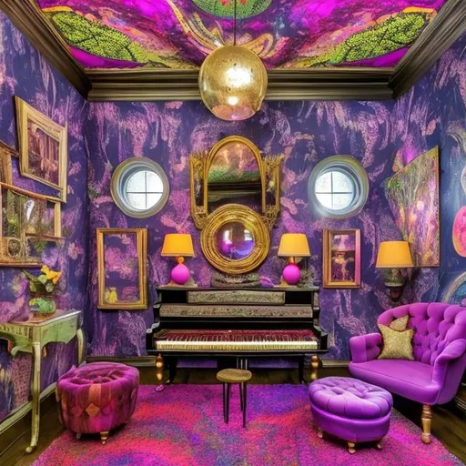 Prompt: Create an image of a hybrid Victorian-1970s music lounge. Picture a grand Victorian piano in a room with psychedelic wallpaper, shag carpets, and a mirrored disco ball, with Victorian and bohemian decor elements blended seamlessly.
