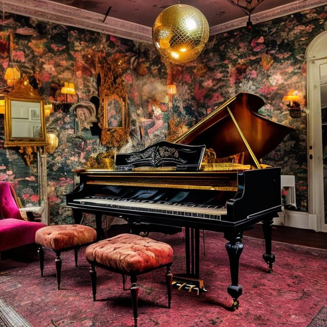 Prompt: Create an image of a hybrid Victorian-1970s music lounge. Picture a grand Victorian piano in a room with vintage wallpaper, shag carpets, and a mirrored disco ball, with Victorian and 70's decor elements blended seamlessly.
