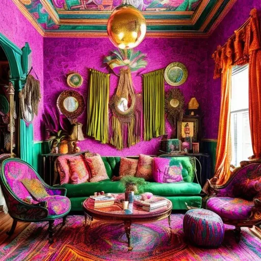 Prompt: Create an image of a Victorian-era living room with a 1970s bohemian twist. Include ornate Victorian furniture, but with bold, psychedelic patterns typical of the 1970s. Add disco-era memorabilia and colorful boho textiles draped over classic Victorian decor.