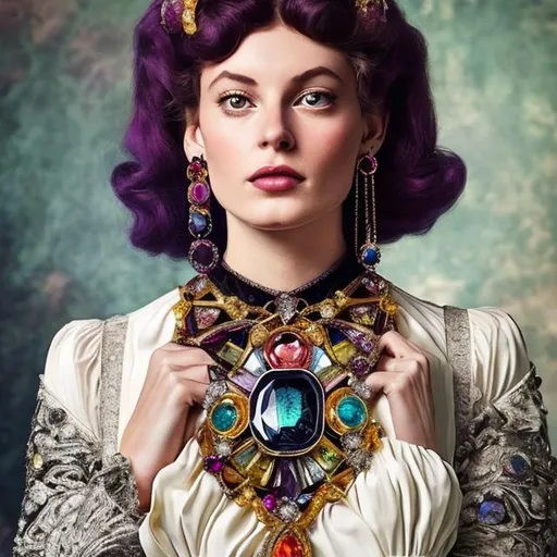 Prompt: Design a piece of jewelry that combines Victorian and 1970s aesthetics. Imagine a Victorian cameo necklace with a twist, incorporating vibrant 70s gemstones and disco-ball elements. place it on a modern victorian model