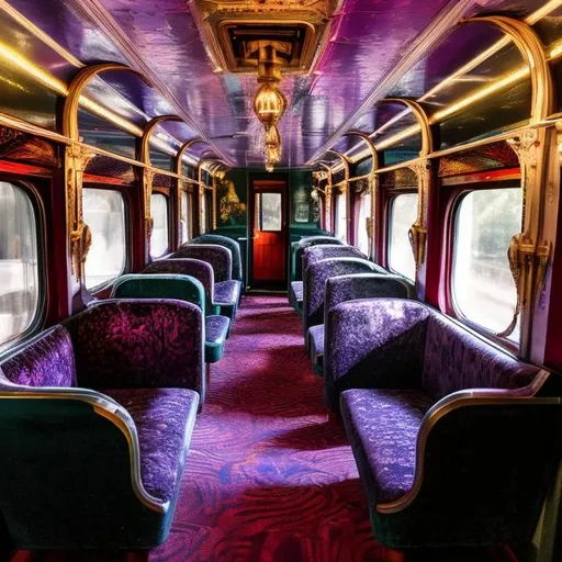 Prompt: Envision a Victorian-era train carriage redesigned in a 1970s disco style. The seats are upholstered in velvet with psychedelic patterns, disco balls hang from the ceiling, and passengers are dressed in a mix of Victorian and 70s attire