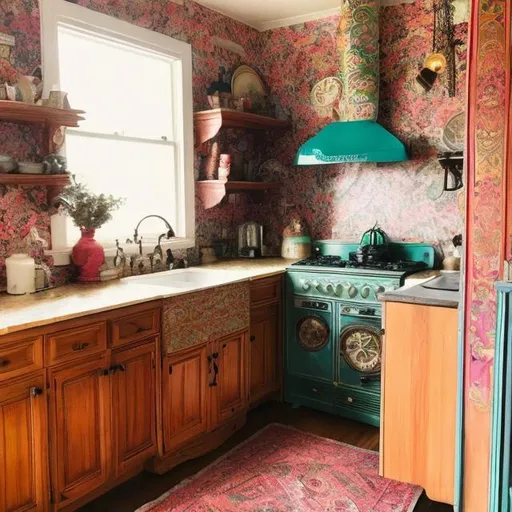 Prompt: "Illustrate a Victorian-era kitchen with a 1970s boho makeover. Include intricate Victorian cabinetry and a classic stove, but with 70s-style colorful, patterned wallpaper, and retro appliances like a fondue set and a lava lamp.