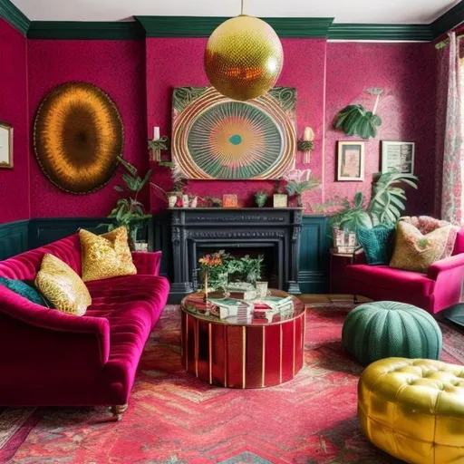 Prompt: Create an image of a Victorian drawing room where the color palette remains true to the era, featuring deep reds, greens, and golds. However, incorporate 70s disco flair with patterned throw pillows, a disco ball centerpiece, and wall art featuring vibrant 70s geometric patterns
