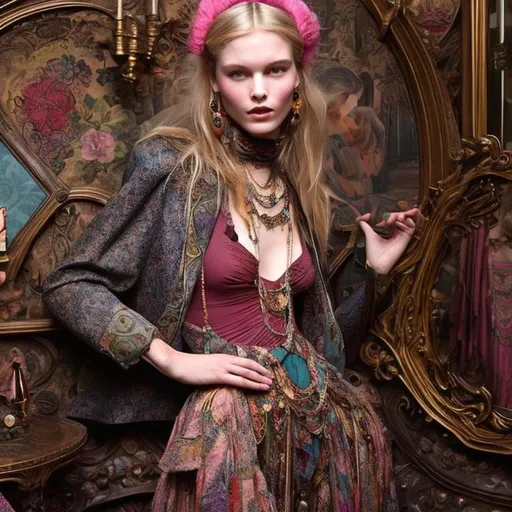 Prompt: Depict a fashion model dressed in a fusion of Victorian and 1970s styles. Imagine a Victorian gown with 1970s boho patterns, accessorized with disco-era jewelry and a bohemian headband, set against a backdrop that blends a Victorian parlor with a 70s discotheque.