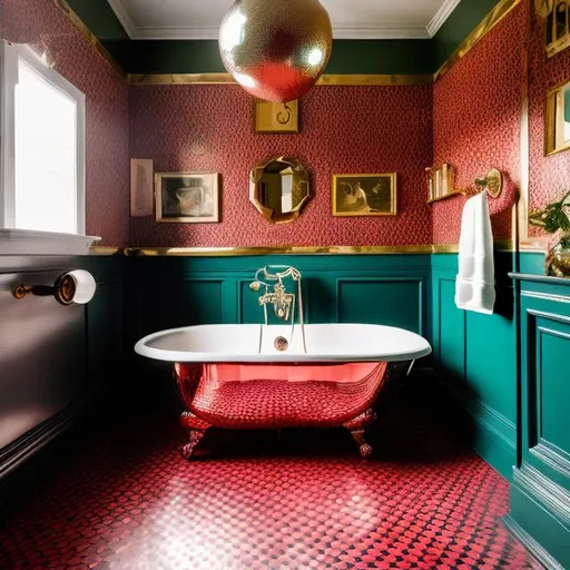 Prompt: Create an image of a Victorian bathroom where the color palette remains true to the era, featuring deep reds, greens, and golds. However, incorporate 70s disco flair with patterned throw pillows, a disco ball centerpiece, and wall art featuring vibrant 70s geometric patterns
