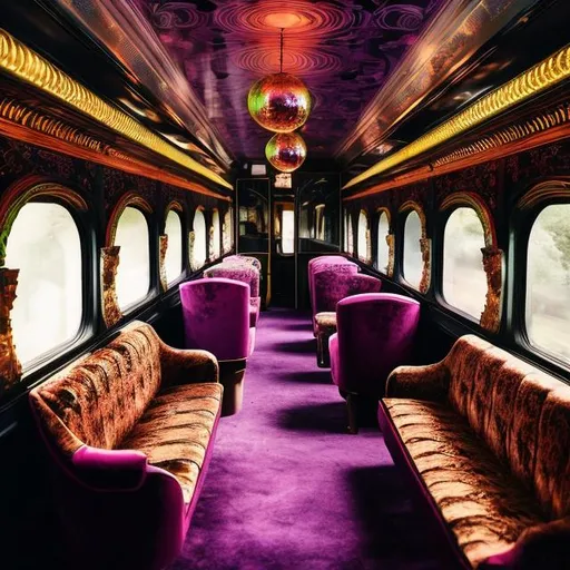 Prompt: Envision a Victorian-era train carriage redesigned in a 1970s disco style. The seats are upholstered in velvet with psychedelic patterns, disco balls hang from the ceiling, and passengers are dressed in a mix of Victorian and 70s attire