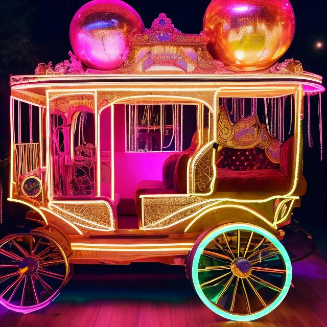 Prompt: Create an image of a Victorian-era horse carriage transformed into a 1970s disco party vehicle. The carriage is decked out in bright neon colors, with a disco ball hanging inside and the horses adorned with boho-style decorations.