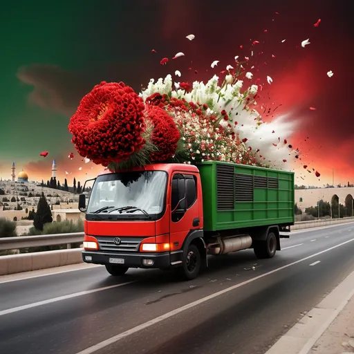 Prompt: Explosion of Flower’s flying all out by the wind from the red green white black truck ,in a red white black green mood, red sky on the highway where Jerusalem city skyline in the background 
The truck is smashing the bus station