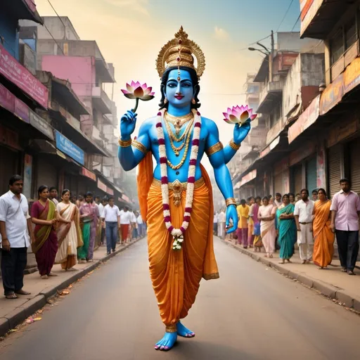 Prompt: "Imagine Lord Krishna, the revered Hindu god, strolling down a bustling road. He holds a colorful lotus flowers in his hand, which contrasts with his traditional attire and the lively urban backdrop. The scene blends the divine with the everyday, showcasing Lord Krishna's serene presence amidst the modern world."